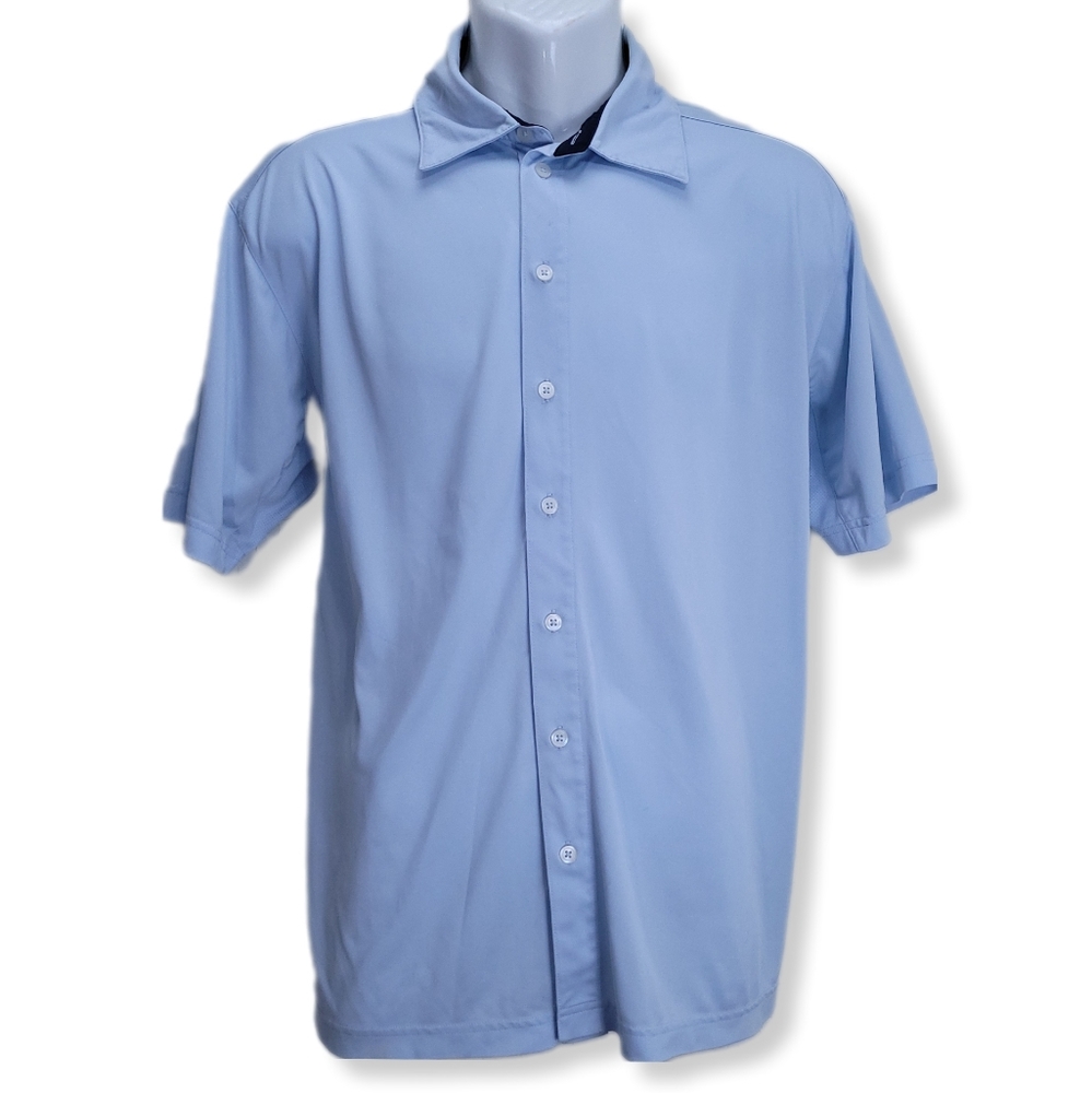 Adidas Mens M Shirt Climacool Blue Short Sleeve Button Front Stretch Collar